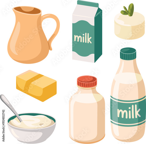 Flat vector dairy products collection, milk carton bottle jar butter cheese yogurt bowl pitcher isolated on white background illustration