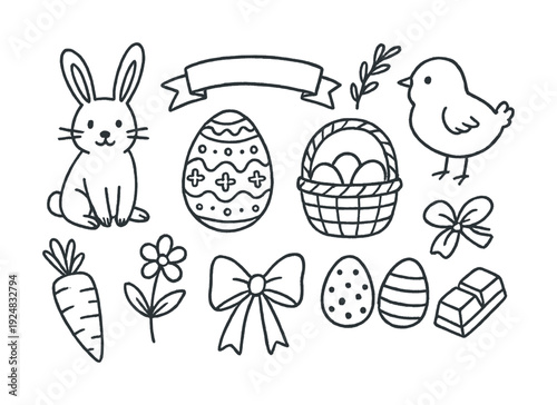 Easter doodles: bunny, eggs, and spring symbols in black and white