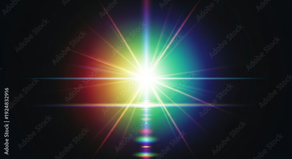 Obraz premium Bright Rainbow Lens Flare Light Burst on Dark Background – Abstract Optical Spectrum Glow with Prism Effect