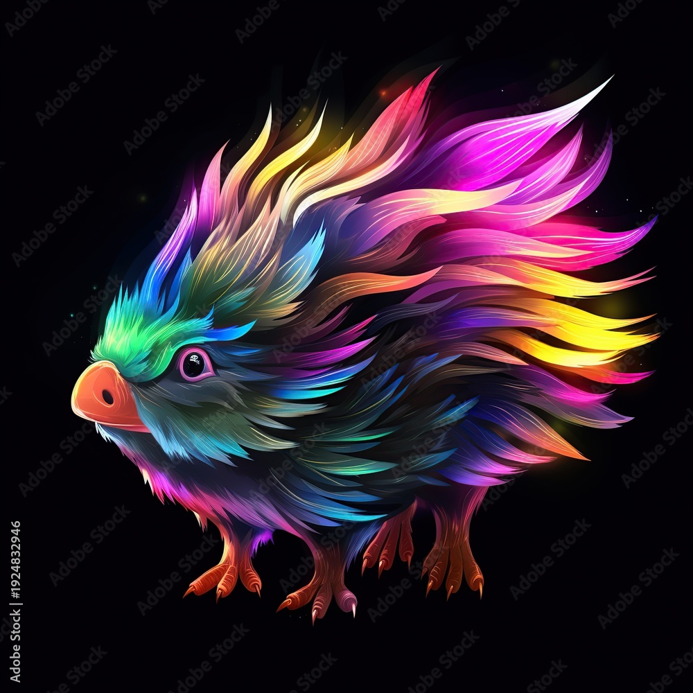 Fototapeta premium Vibrant Rainbow Spiked Fantasy Hedgehog Creature With Neon Fiery Quills Against Dark Background