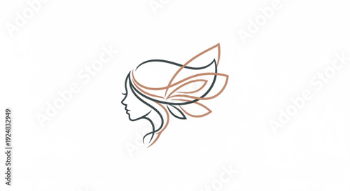 Woman's head with flowing hair and leaves line art minimalist illustration profile view elegant design element