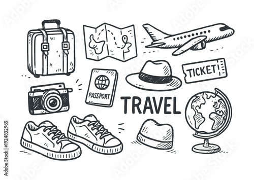 Hand-drawn travel elements with suitcase, airplane, and camera illustrations