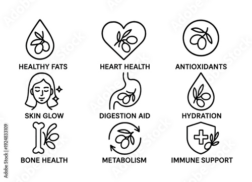 Benefits of olive oil icons: healthy fats, heart health, antioxidants, skin glow, digestion aid