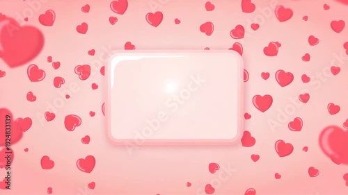 Floating romantic hearts on a soft pink background with a central blank rectangle