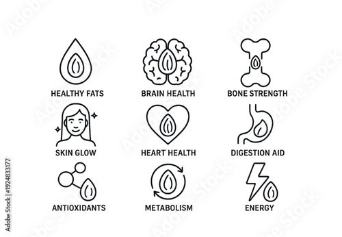 Icons representing health benefits: fats, brain, bone, skin, heart, digestion, antioxidants, metabolism, energy