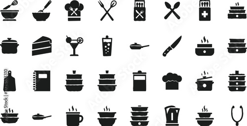 Mega collection of black kitchenware icons featuring cooking pots chef hats cutting boards recipe books and professional restaurant utensils,