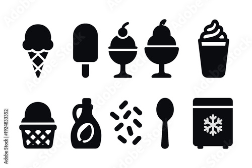 Ice cream icons: cones, popsicles, sundaes, syrup, sprinkles, spoon, ice machine