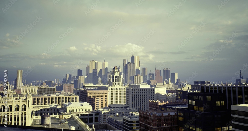 Obraz premium Midday cityscape featuring vibrant rooftops and busy streets, Sundrenched city horizon displaying active rooftops and bustling traffic below