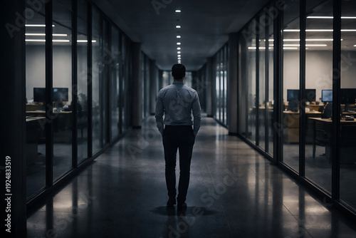 A lone figure walks down the hallway. The image creates a sense of loneliness and anticipation, inviting viewers to ponder the person's journey. 