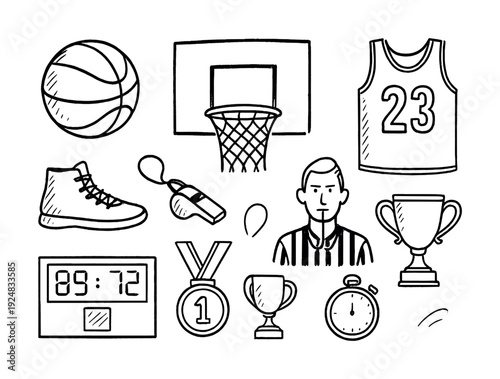 Basketball elements: ball, hoop, referee, trophy, scoreboard, medal, sneaker, stopwatch