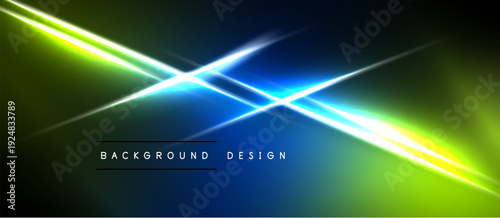 Abstract background features vibrant diagonal lines. Bright blue light intersects green, yellow gradients. Dark space surrounds luminous streaks.