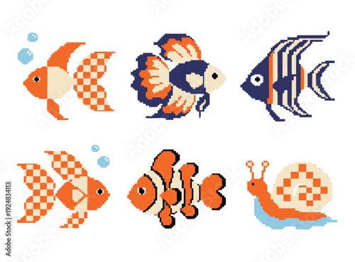 Cute Pixel Art Aquarium Pet Fish Sprite Set Vector