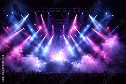 A concert stage illuminated with vibrant lights and effects