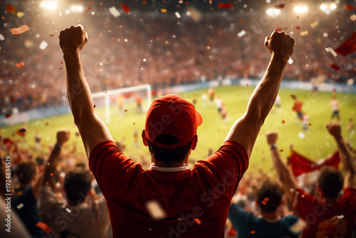 A passionate fan celebrates the game with arms raised at the stadium. Fans in the background with flags, the atmosphere filled with energy