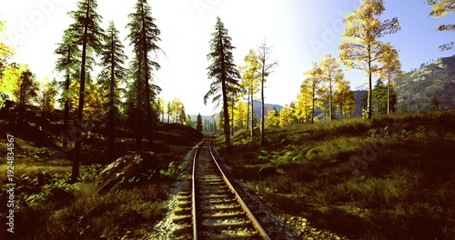 Foto Twilight rails through golden trees and fading light, mellow color palette and l