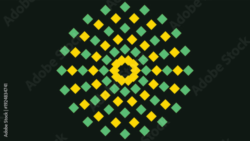 Art Deco inspired geometric pattern with yellow and green diamonds on dark background, symmetrical design