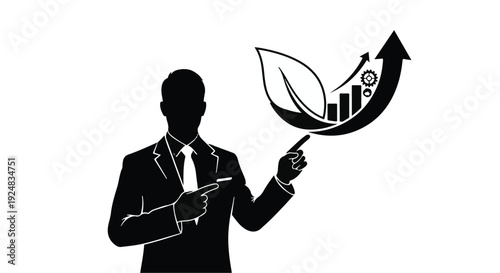 Businessman pointing to a rising graph symbolizing growth and sustainability
