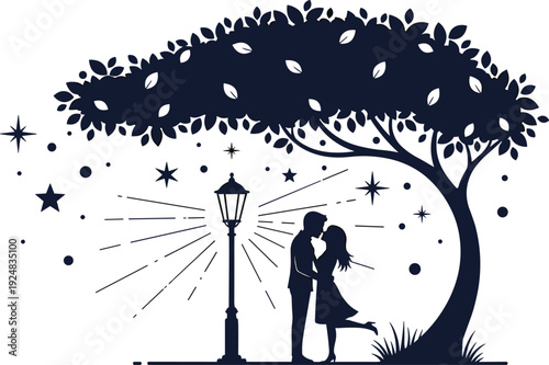 Romantic couple silhouette set featuring man and woman kissing hugging and sitting on park bench under tree with starry night sky elements