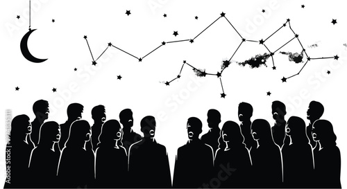 Diverse group gazes up at starry night sky and constellations, inspired by wonder and discovery.