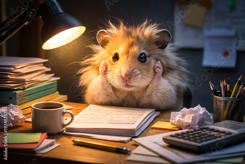 A hamster looking at desk with full of stationary equipment with some papers 