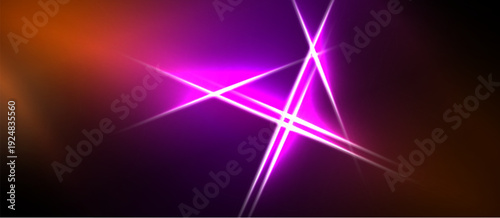Abstract background features vibrant purple, orange gradients. Bright lines intersect creating dynamic light effect. Dark borders frame composition.