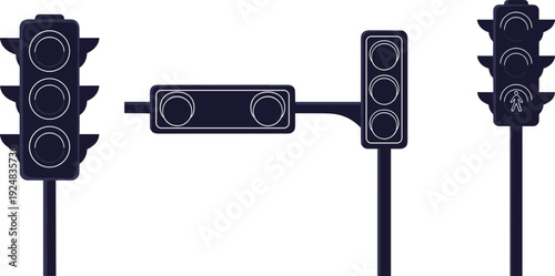 Set of Traffic Light Signals and Pedestrian Road Signs Silhouette Vector Illustration
