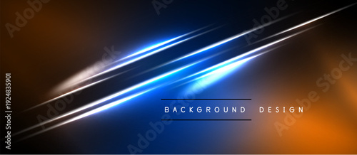 Abstract background features vibrant blue, orange light streaks. Dark areas contrast bright lines creating dynamic visual effect. Modern design element.