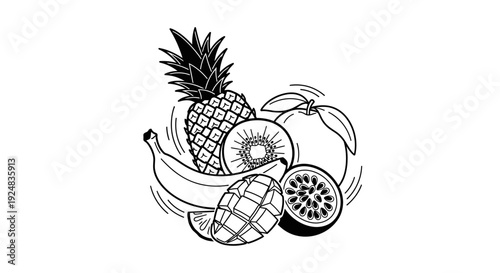 Assortment of Tropical Fruits: Pineapple, Banana, Kiwi, Mango, Passion Fruit, Orange