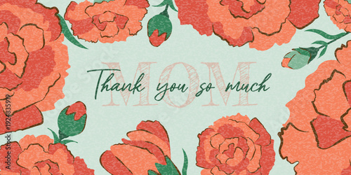 Cute Mothers Day Vintage Retro Banner or Background with Red Carnations. Floral Festive Frame Template Design with Grunge Texture, Carnations. Trendy Modern Card with Mothers Day Symbol. Vector