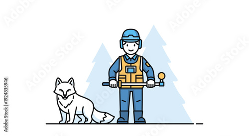 Arctic explorer with arctic fox and snowy trees, winter adventure, wildlife