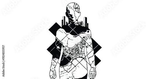 Abstract human silhouette with internal anatomical details and geometric overlay