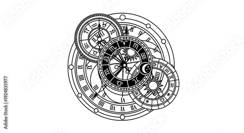 Astrological Clockwork Celestial Orrery with Roman Numerals and Zodiac Symbols
