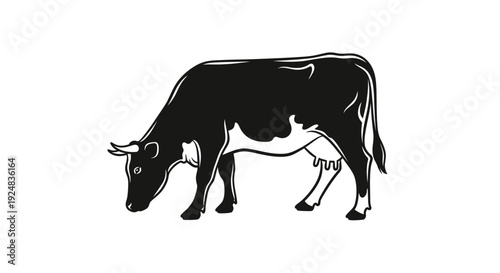 Black and White Cow Grazing in Field - Farm Animal Illustration