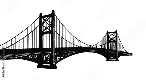 Majestic suspension bridge silhouette against a clean white background.