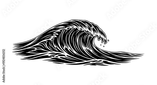 Black and White Engraved Ocean Wave Illustration - Dynamic Sea Swell