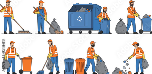 Professional waste management workers in orange safety vests cleaning streets and collecting trash with garbage bins and recycling tools