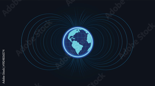 Earth magnetic field scientific illustration with global energy lines vector background