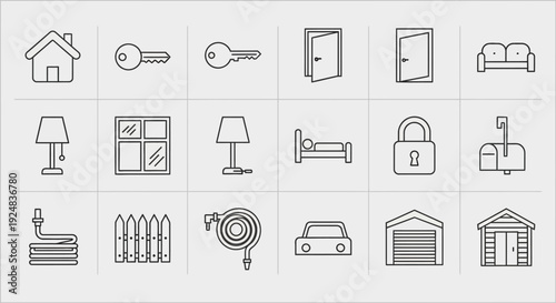 Home Icons Set: House, Keys, Doors, Furniture, Security, Garage, Shed