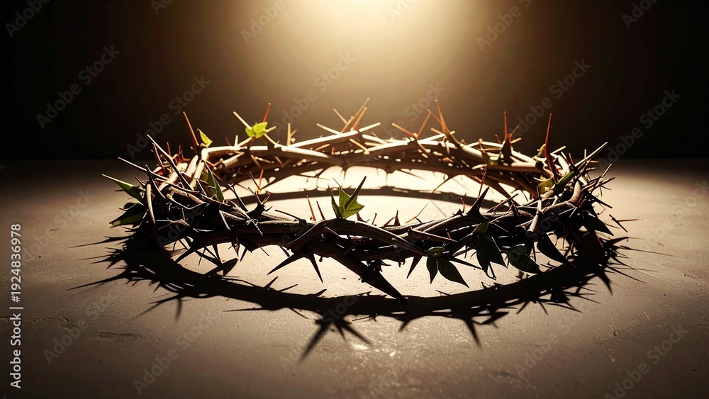 Fototapeta premium Crown of Thorns Under Divine Light, Good Friday Passion of Christ Symbol, Christian Easter Faith Concept of Sacrifice and Redemption