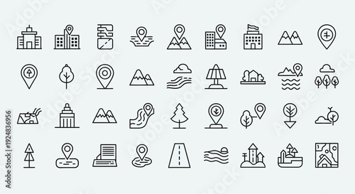 Location Icons Set: Map Pins, Buildings, Mountains, Trees, Roads, Water