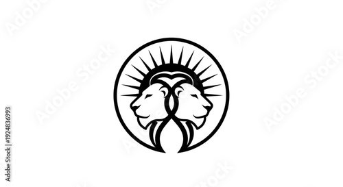 Lion Head Symbol Circle Emblem - Twin Lions Facing Opposite Directions