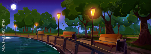 Riverside night park with benches and light posts