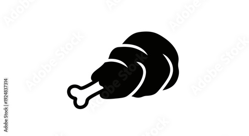 Black and White Icon of a Cooked Chicken Leg, Isolated on White Background