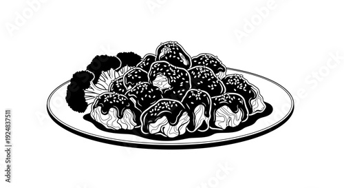 Black and white illustration of a plate of fried chicken with broccoli