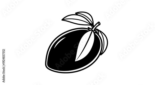 Black and white illustration of a ripe mango with leaves, isolated on a white background.