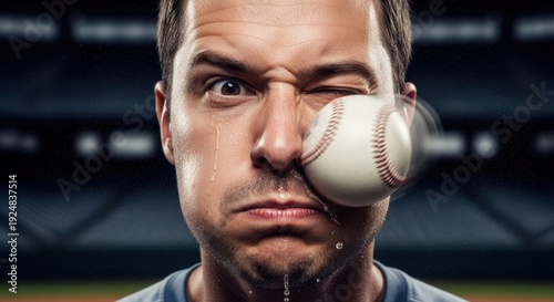 Mans Unfortunate Encounter - Baseball Impacting Face in a Humorous Way.