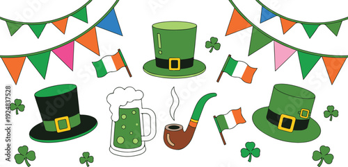 St. Patrick’s Day Icon Set  Leprechaun Hat, Beard & Irish Symbols