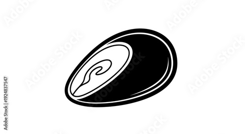 Black and white illustration of a single oyster shell with a pearl inside, isolated on white background.