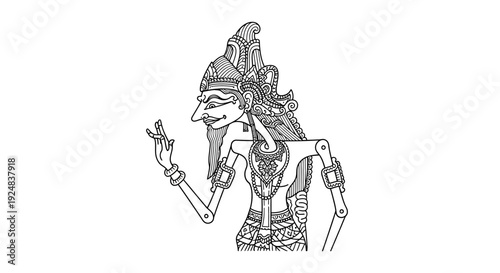 Traditional Indonesian Wayang Kulit Shadow Puppet Character, Outline Drawing