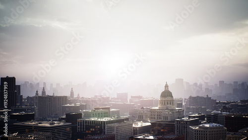 Canvastavla sunrise over urban skyline with dome, soft haze and golden glow over distant met